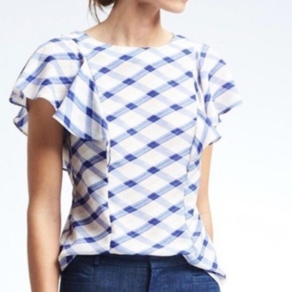 Banana Republic Lucia V-Neck Ruffle Blouse Plaid
